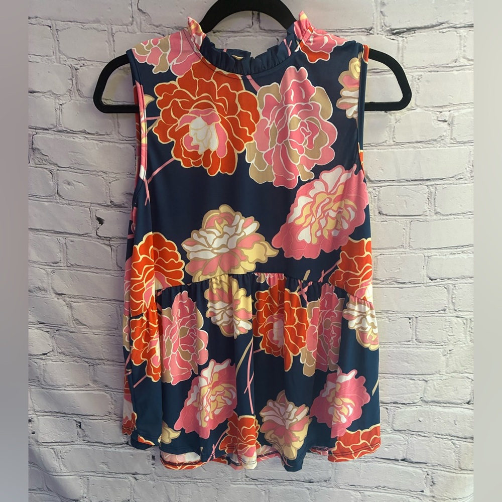 5/$20 Maximalist Floral Ruffle Boho Flowy‎ Peplum Sleeveless Tank Blouse Sz M